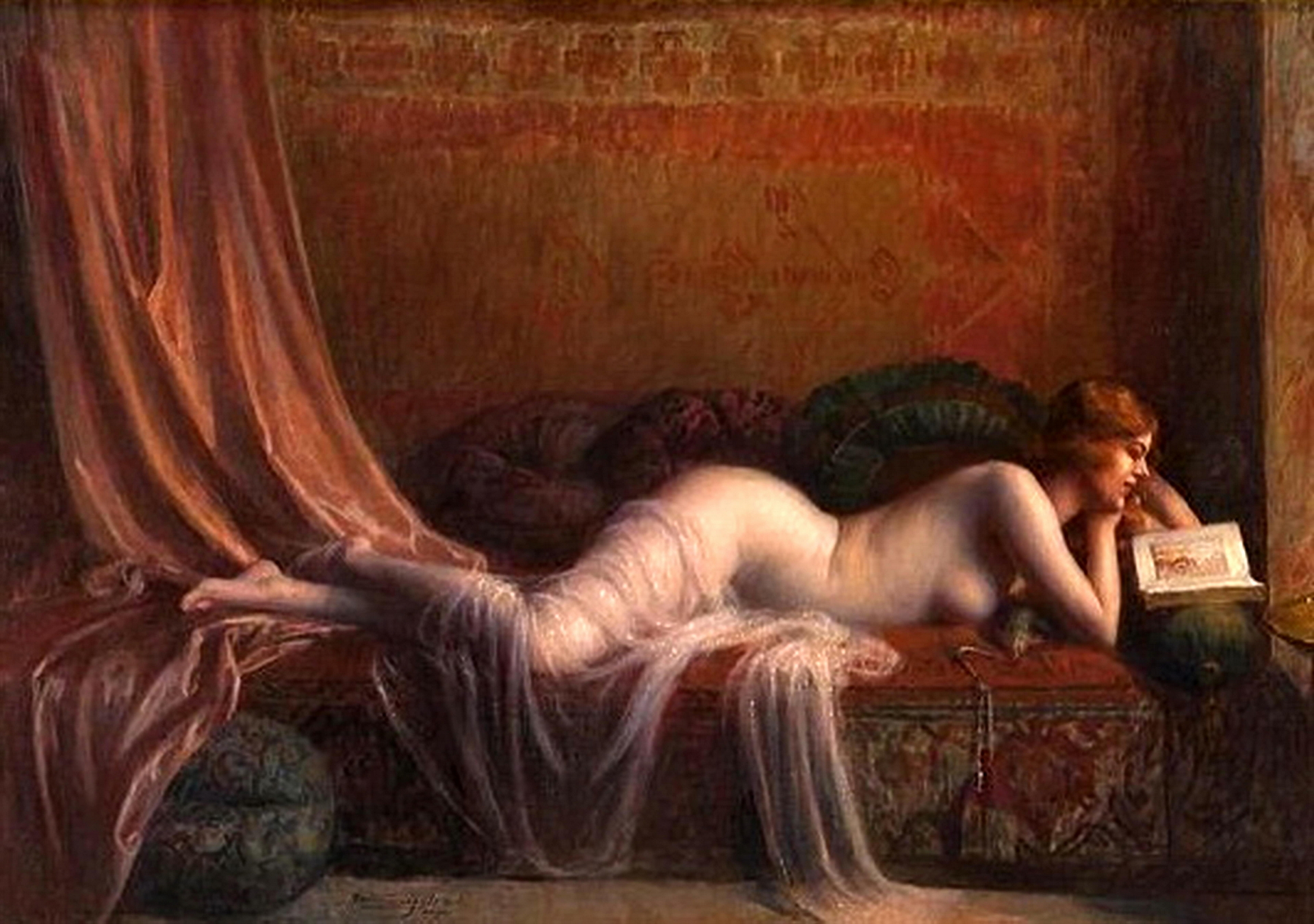 A naked woman on a couch reading a book, with very see-through garment.