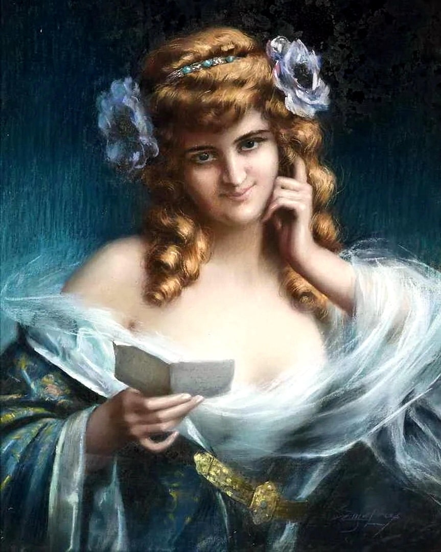 A pretty girl reading a love letter flowers in her hair and beautiful eyes.