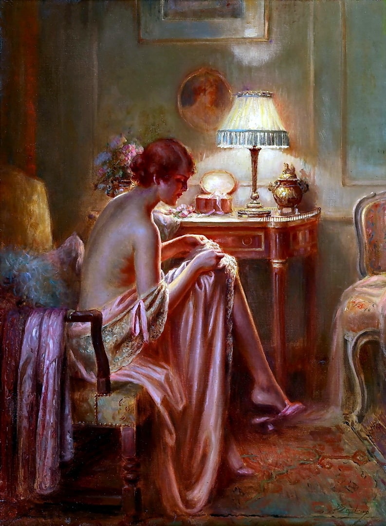 A pretty lady mending a pink nighty under a lamp next to the lovely flowers.