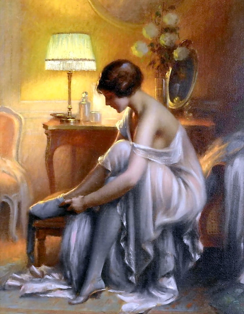 A woman in a sexy see-through nighty is putting her slippers on. There are pretty flowers on the table behind her.