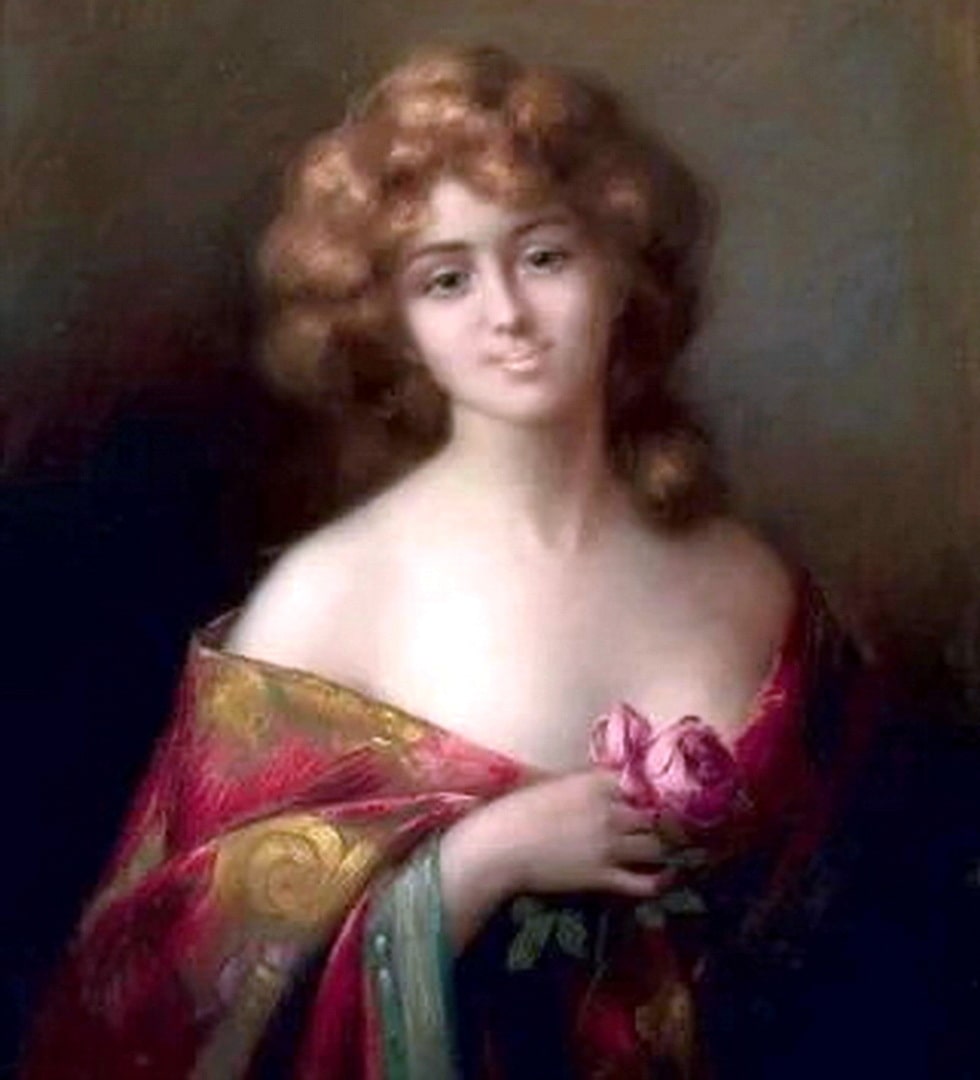 A young woman holding a red rose to her chest. She has a nice smile and pretty eyes.