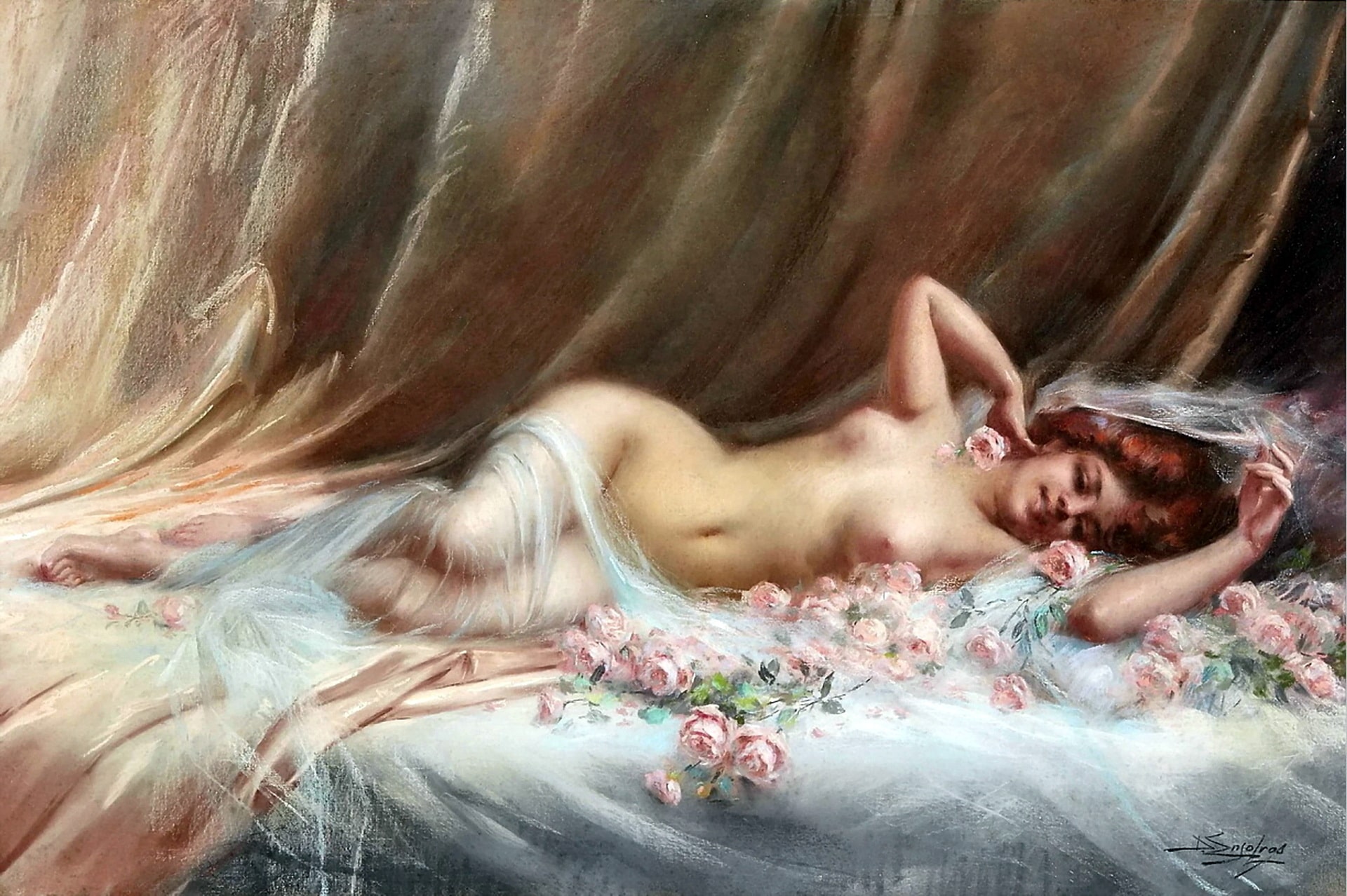 A stunning naked lady with beautiful bosoms and pretty eyes lying in a sea of pink roses on her bed. Raunchy Art.