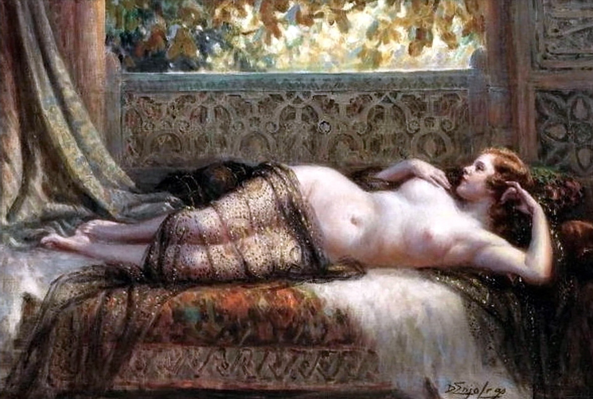 A nude lady lying stretched out on a couch with a black sheer shawl draped over her elegant legs.