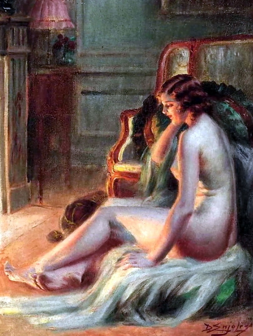 The nude woman is sitting in front of the fire enjoying the warmth on her breasts.