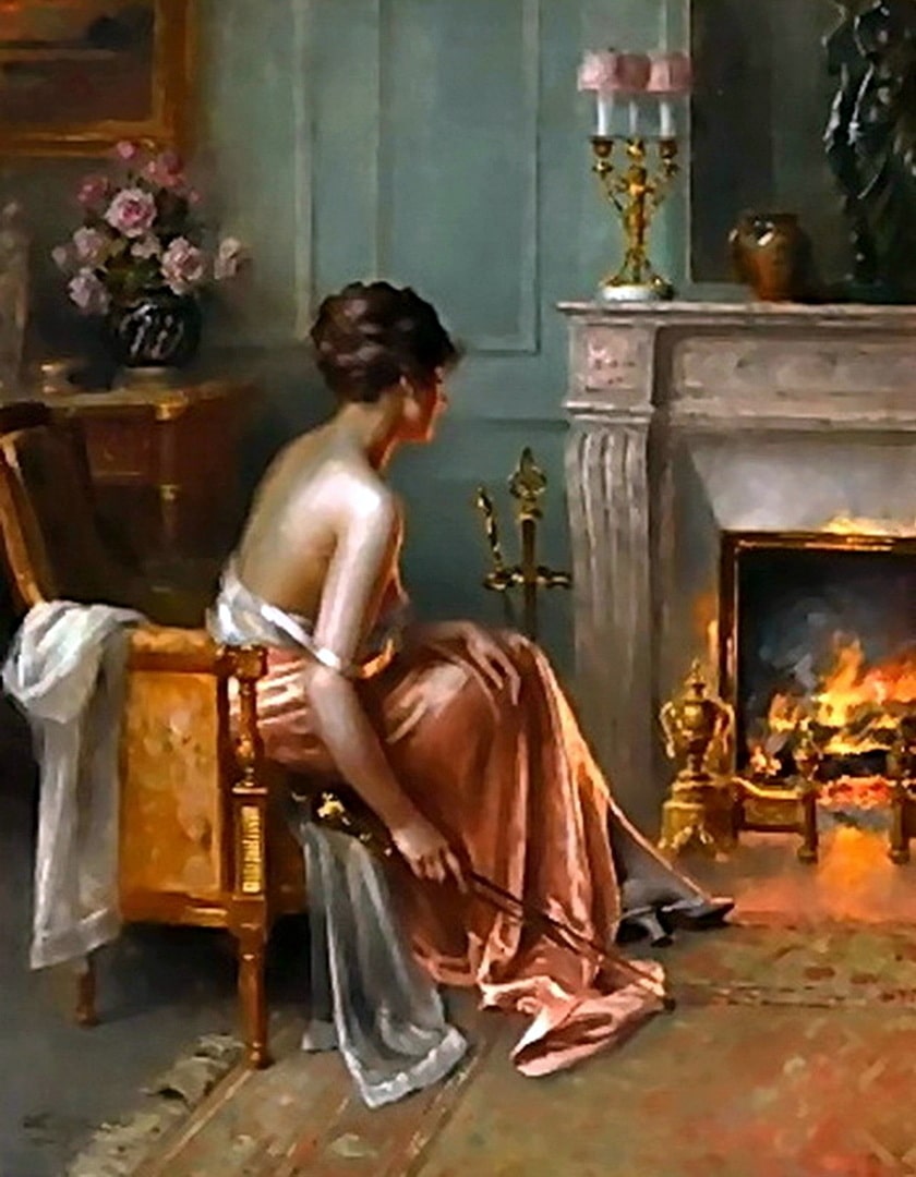 The beautiful woman is in her pink nighty daydreaming in front of a fire with pretty roses behind her.