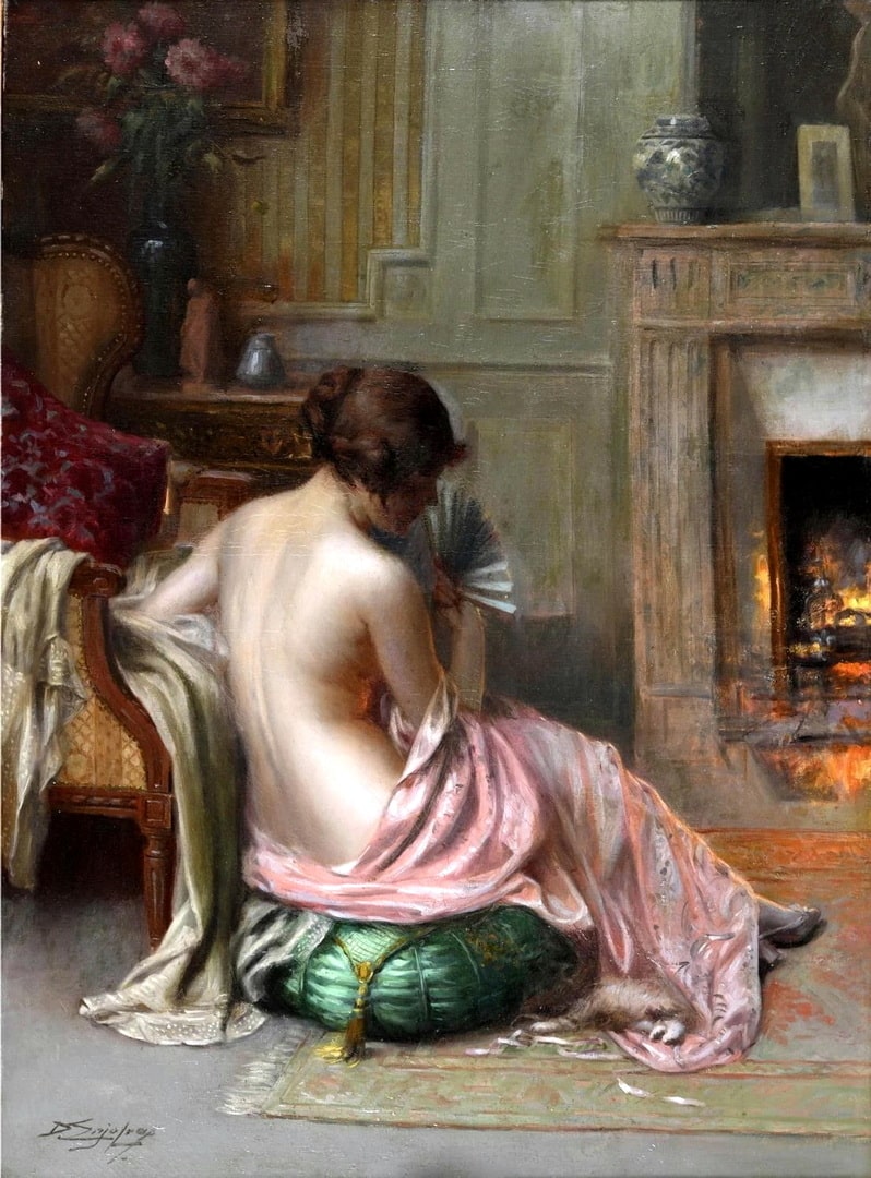 A semi naked lady sitting in front of a fire with a pretty pink nighty around her waist and her favourite kitten playing on the garment.