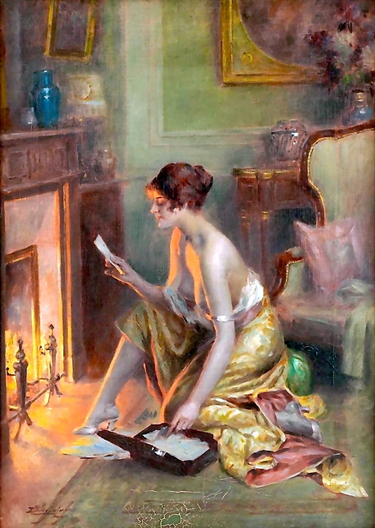 A sexy woman is sitting reading old romance letters from her lover with her bare bosoms being warmed be the fire.