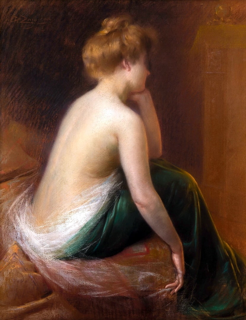 A golden haired lady is sitting semi naked on the edge of her bed in deep thought.