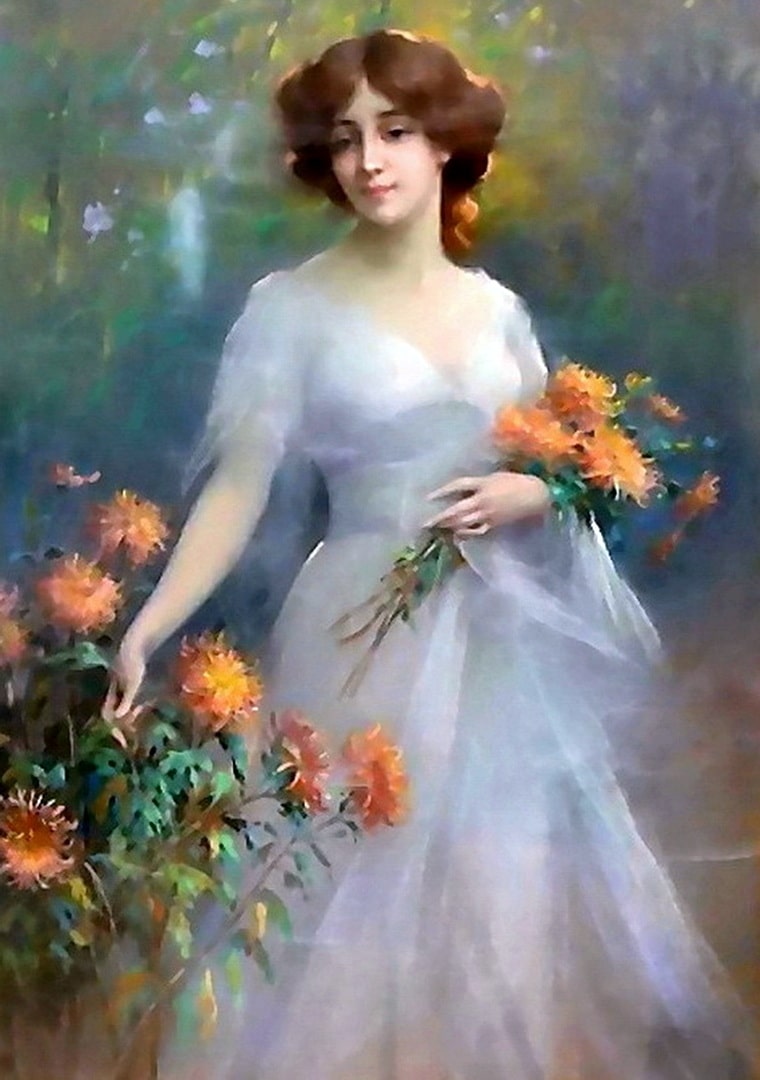 A pretty girl in a lovely white dress is picking yellow dahlias as she walks along.