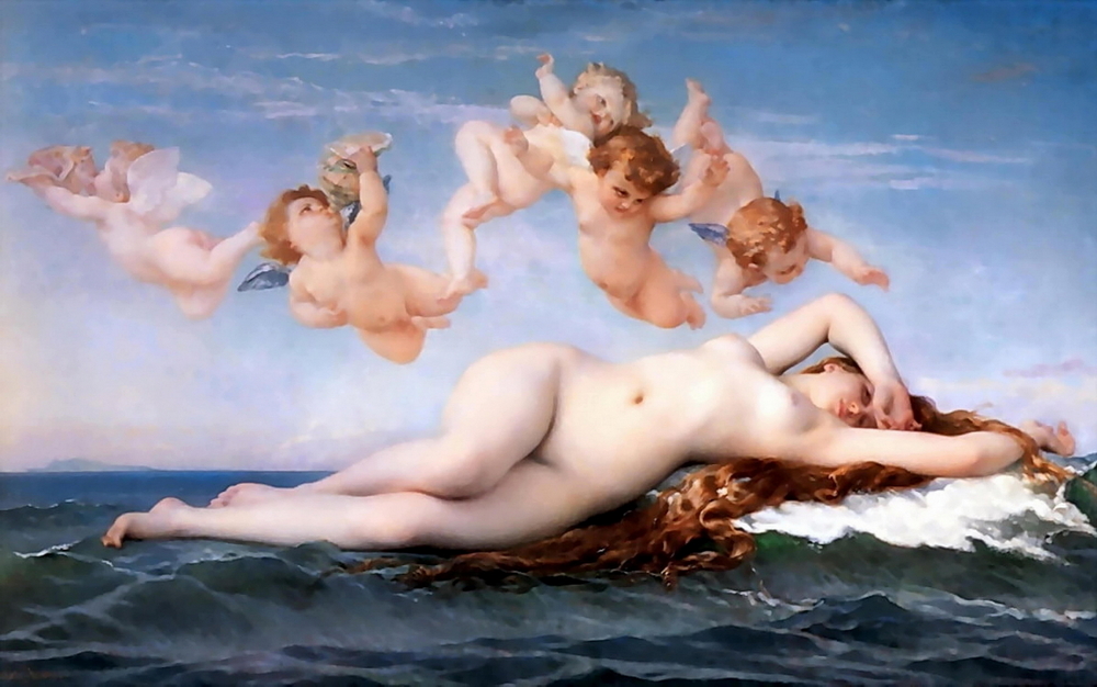 Venus The Goddess of Love nude along a wave with long hair and five cupids celebrating.