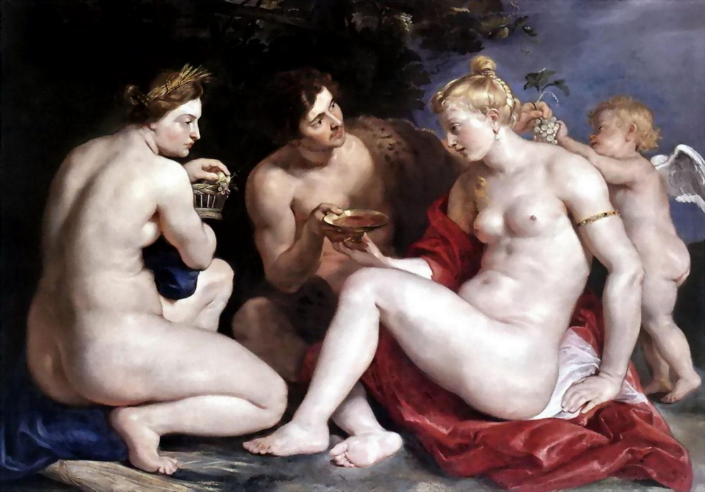 A sensuous painting of Venus Bacchas Cupid and Ceres. The gods and godesses are siting around in the nude talking.