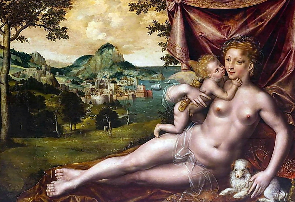 Venus and Cupid with a puppy along with her very naughty nipples.