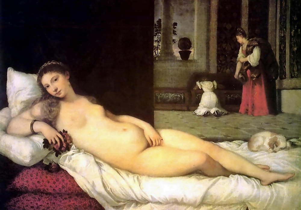 Venus the Goddess of Love lying naked on a couch. A lady and a girl are behind her.