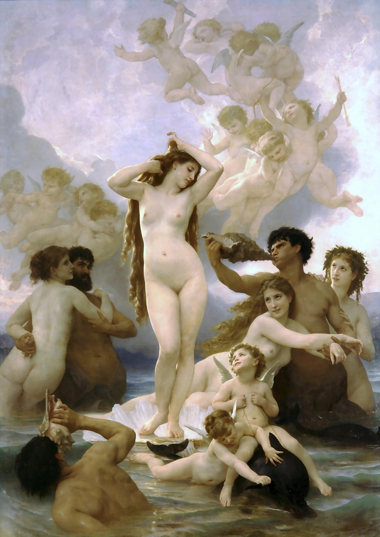 Venus with nymphs, satyrs, and cupids. A nude goddess of love with long hair down her back.