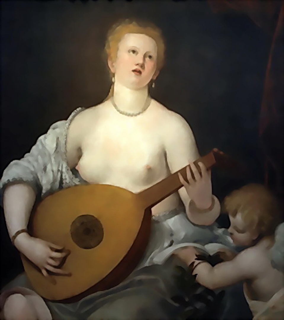 Venus is playing her lute and showing her breasts. A musical goddess of love.