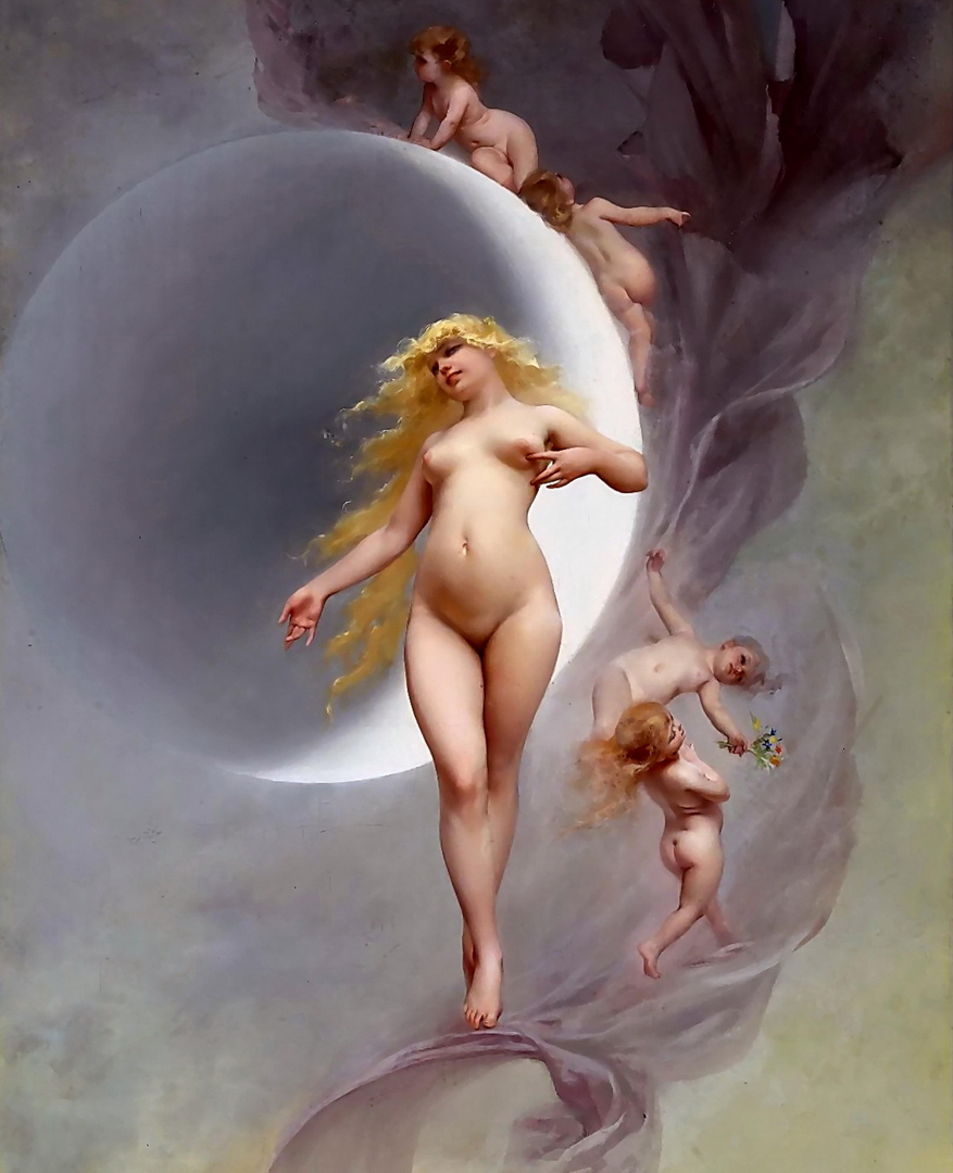 A naked Venus and the Planet with long blonde hair touching her breast and four Cupids.