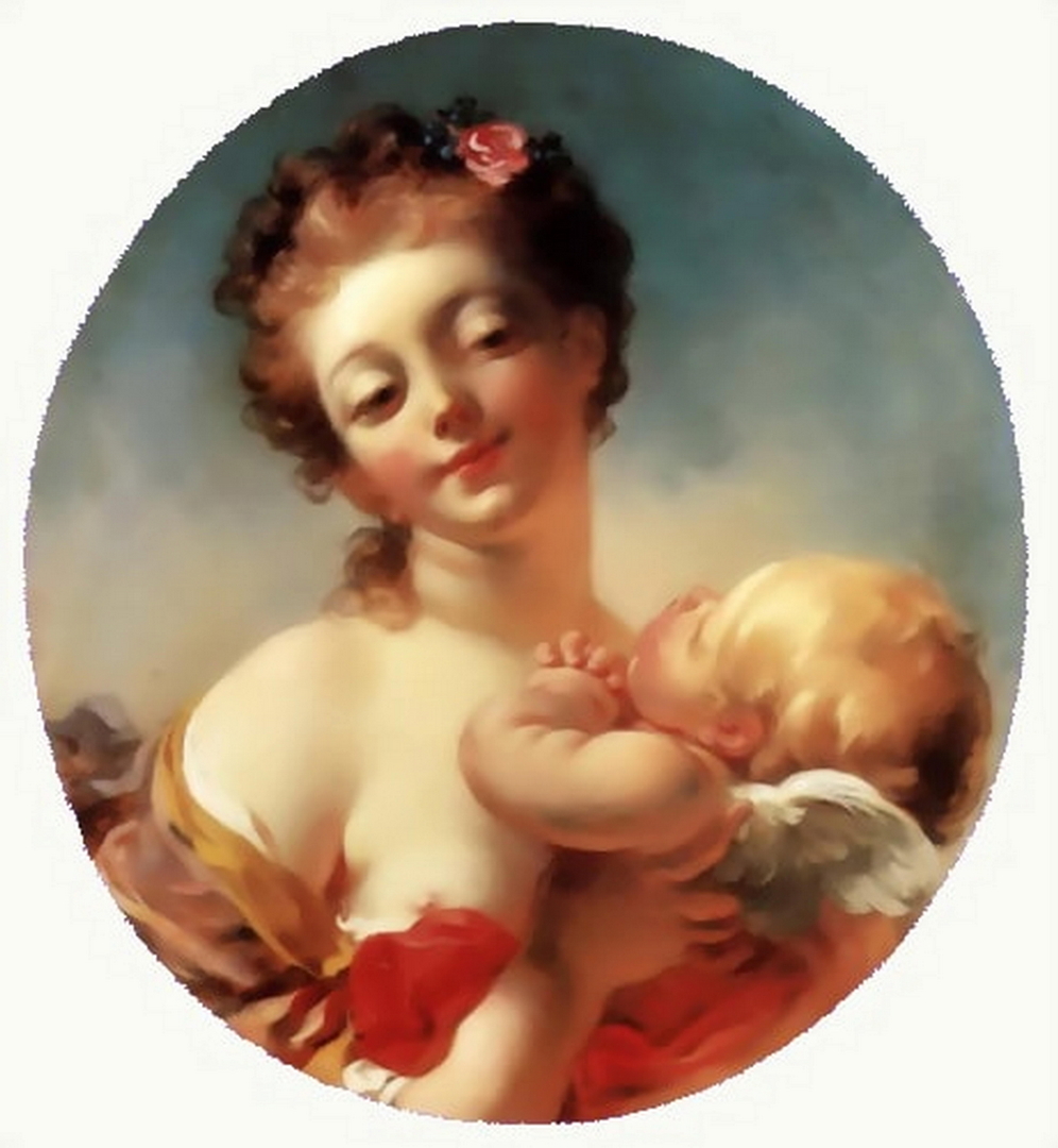 Venus has a red flower in her hair and is holding cupid who is looking at it.