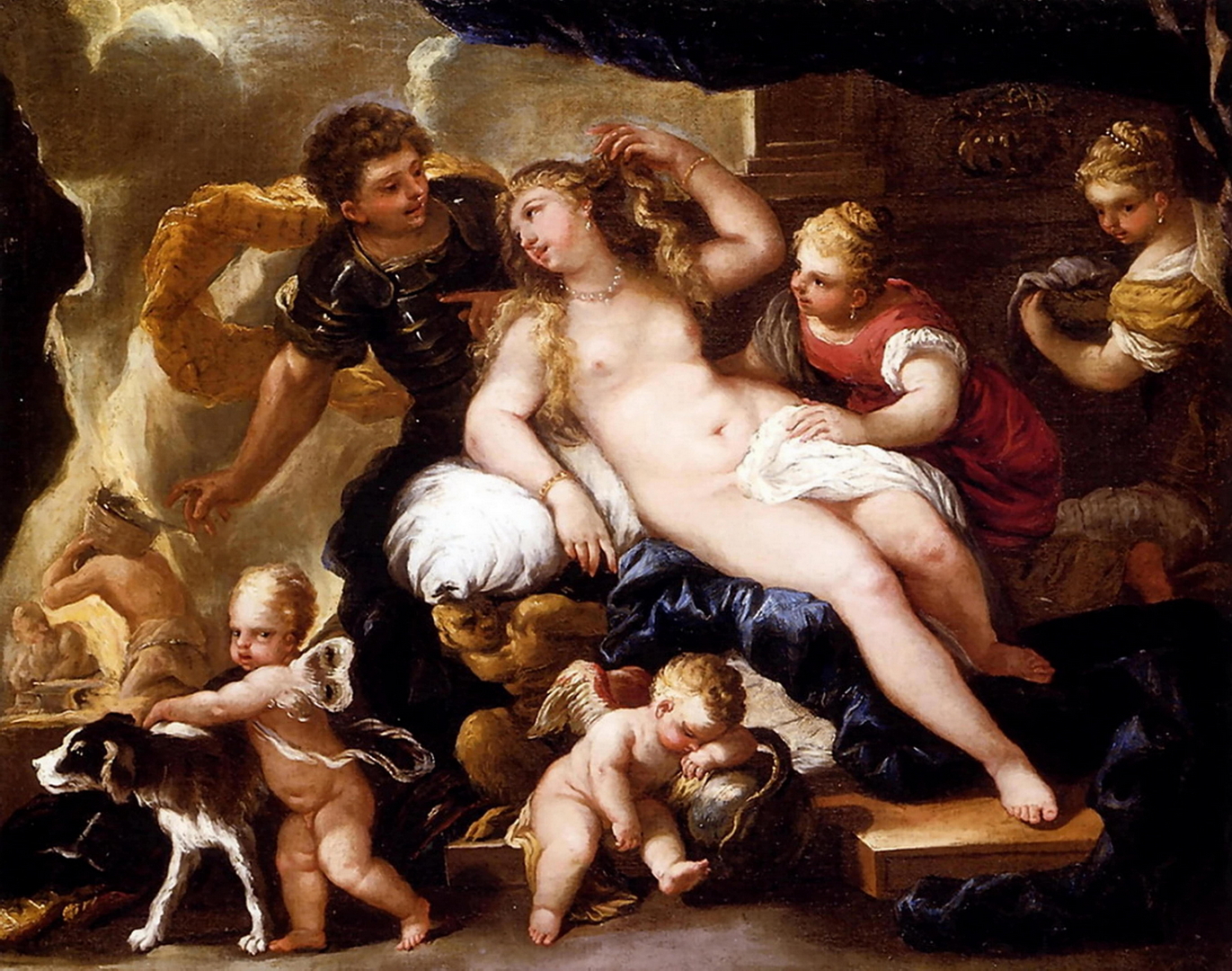 Venus and Mars have been making love. A nude Venus with golden hair and two cupids.