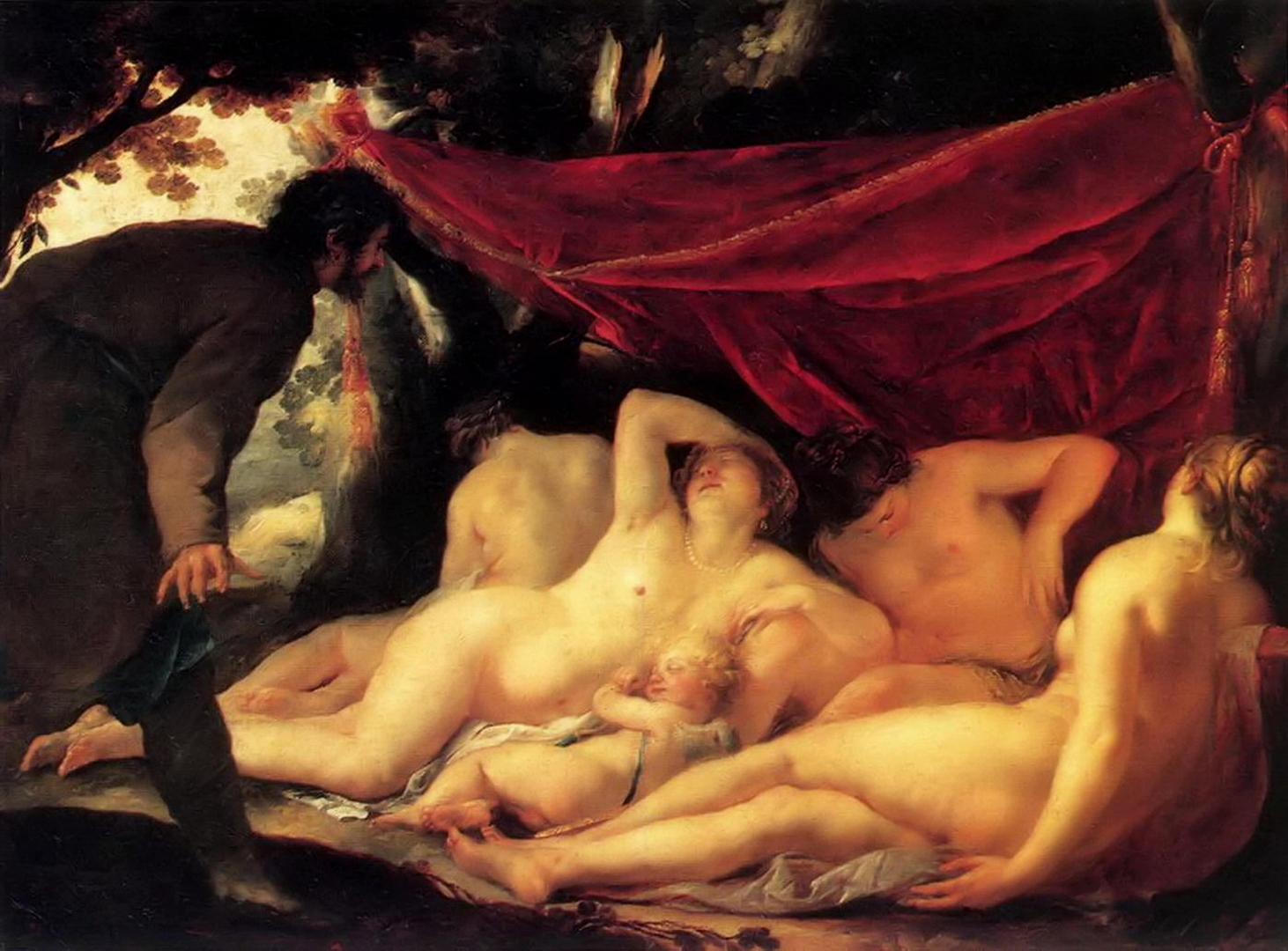 A mortal catches Venus and the Three Graces sleeping. The goddess of love and cupid too.