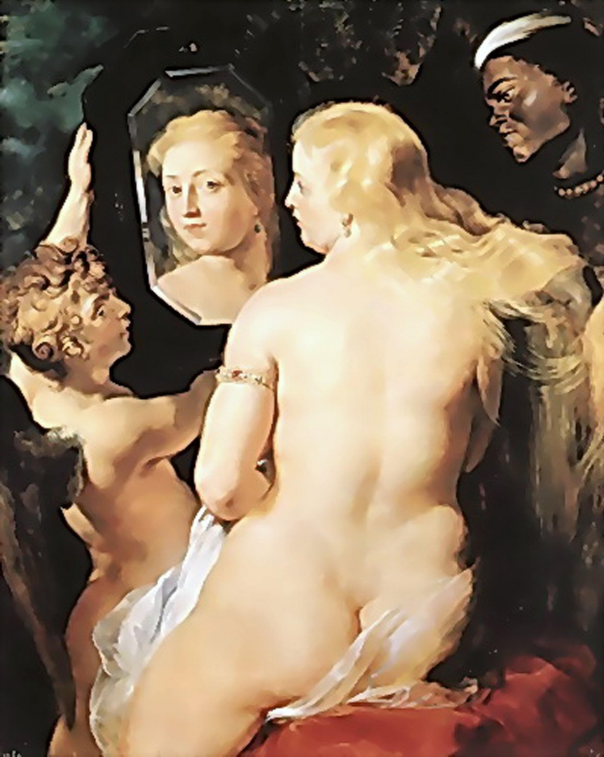 Venus looking at herself in a mirror while cupid holds it, she has beautiful blonde hair.