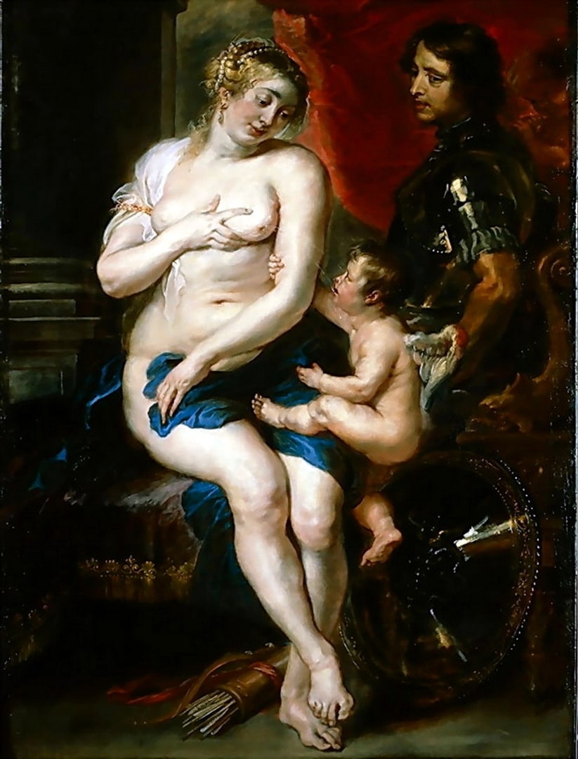 Venus is sqeezing her breast milk over Cupid. Saucy girl.