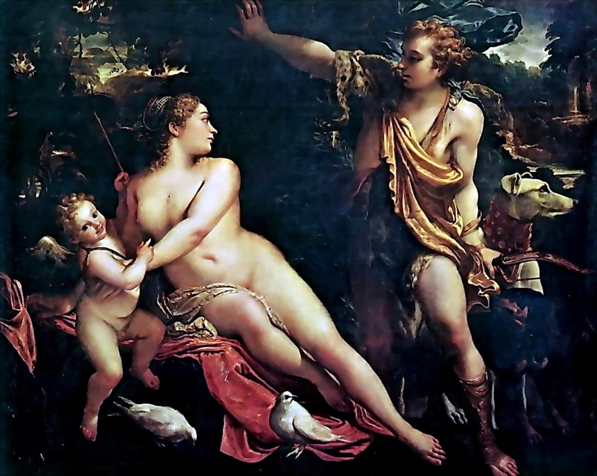 Venus is holding Cupid as Adonis appears with his dog.