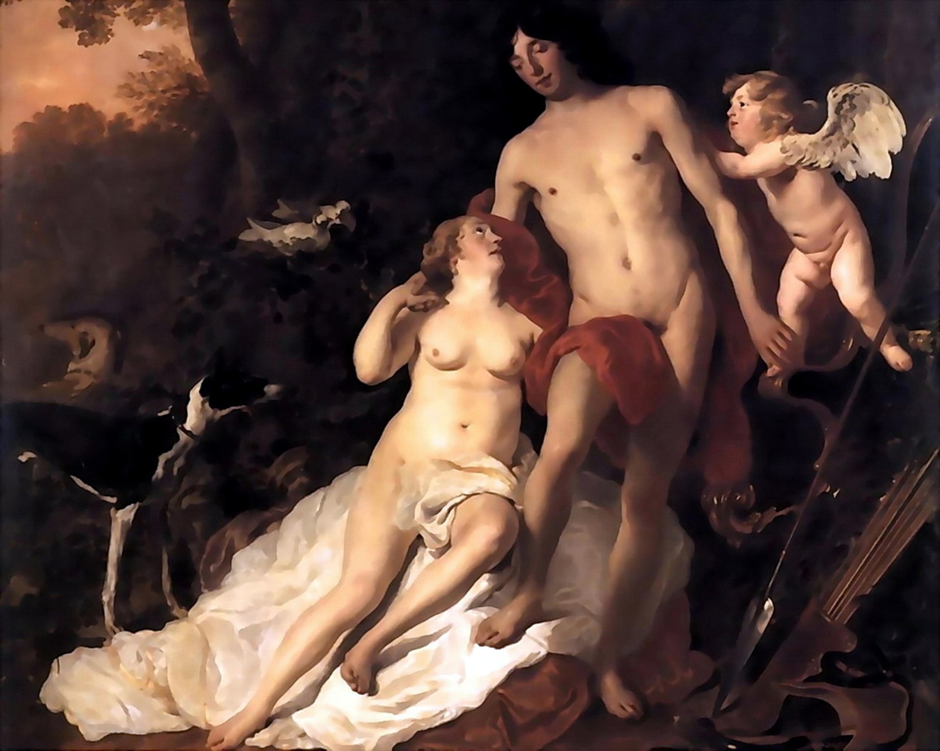 Venus looks at Adonis lovingly along with Cupid.