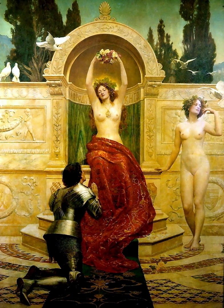 Venus with flowers, white doves, knight and a nude girl. 