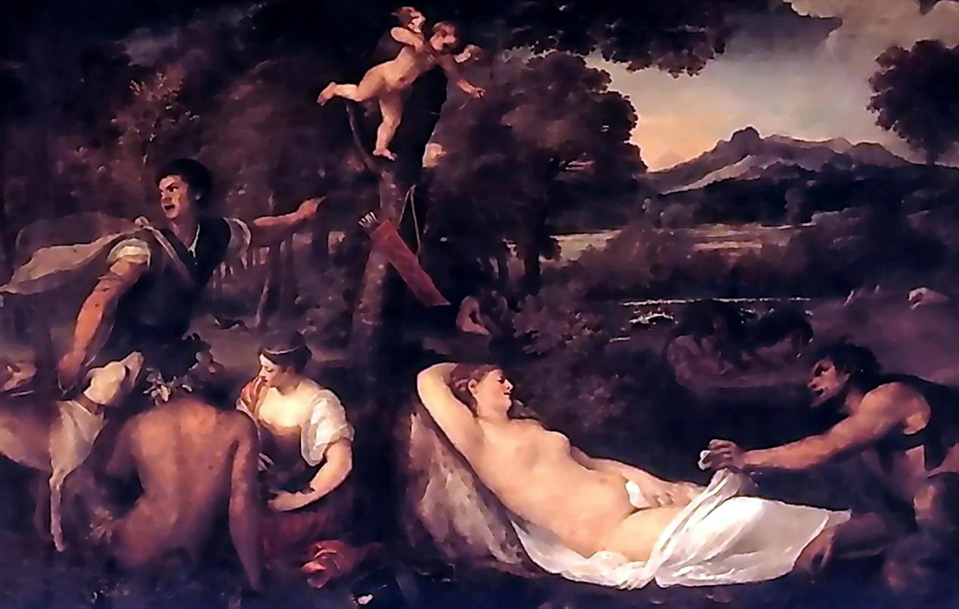 Venus with three guys, Cupid and a nude girl behind her.