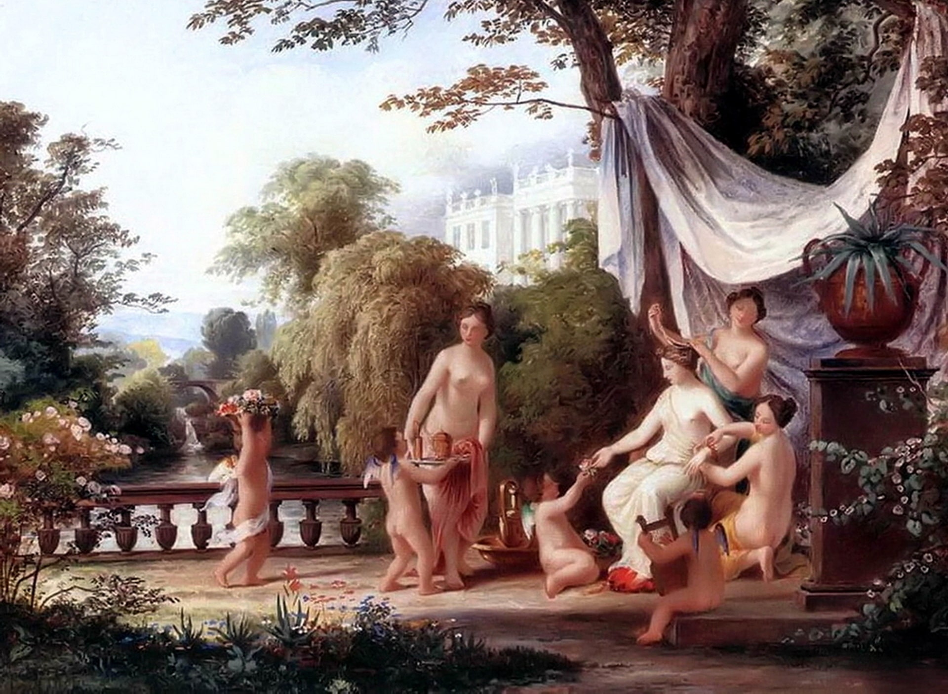 Venus in her Toilet with flowers, nude ladies and Cupids.