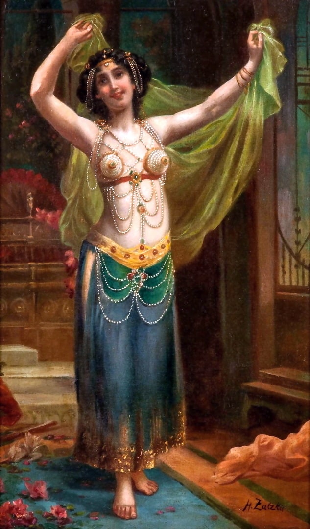 A saucy harem girl walking through pretty flowers. The woman has beautiful eyes.