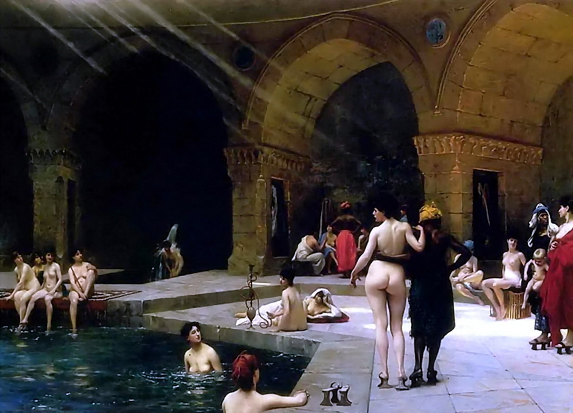 A very big pool for the ladies of the harem. The girls are making good use of the bathing area.