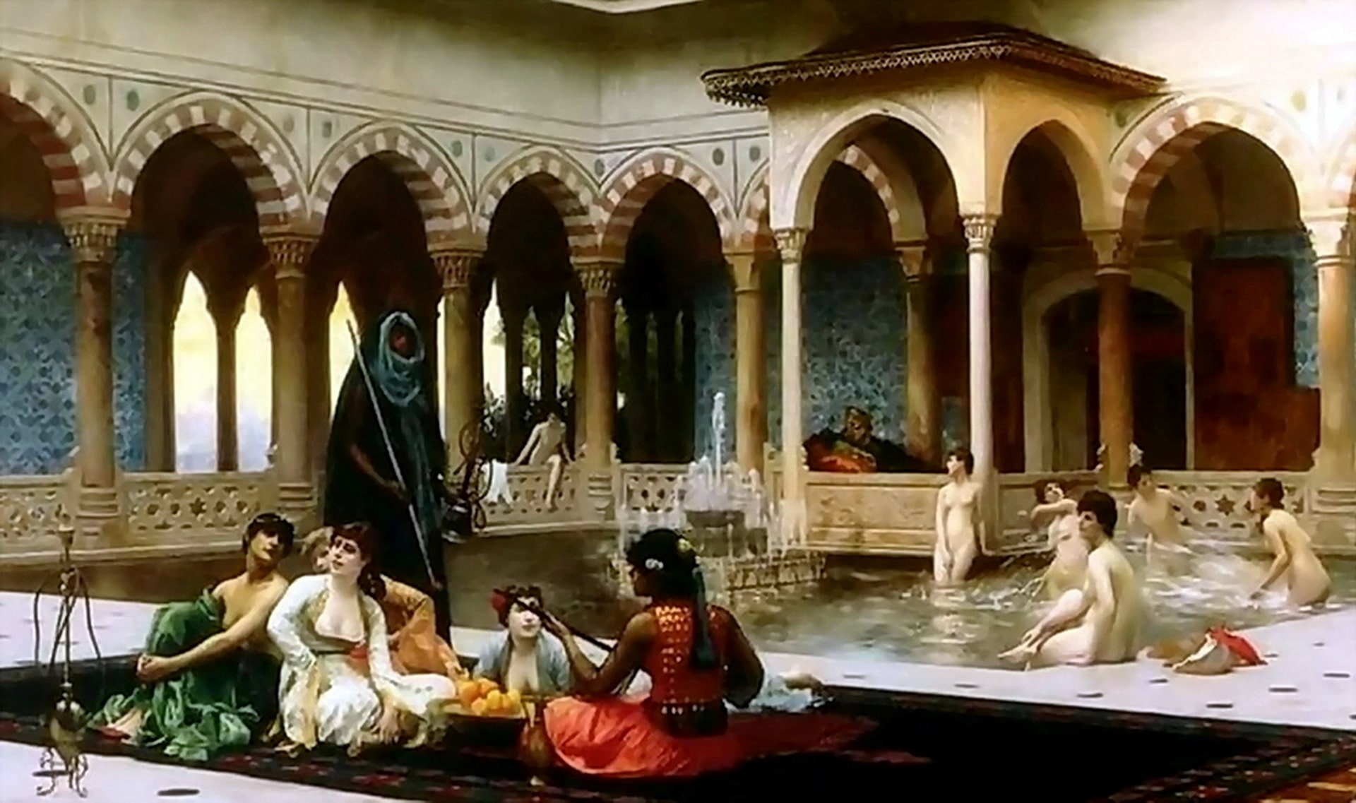 A terrace with a pool and a fountain. The harem girls are having fun in the pool.