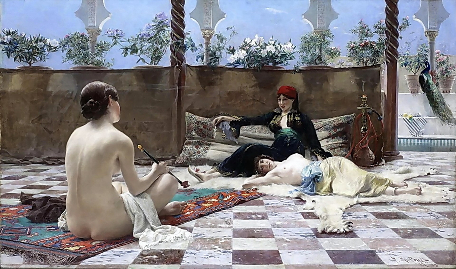 Three harem girls relaxing in a courtyard with one nude woman and pretty flowers.