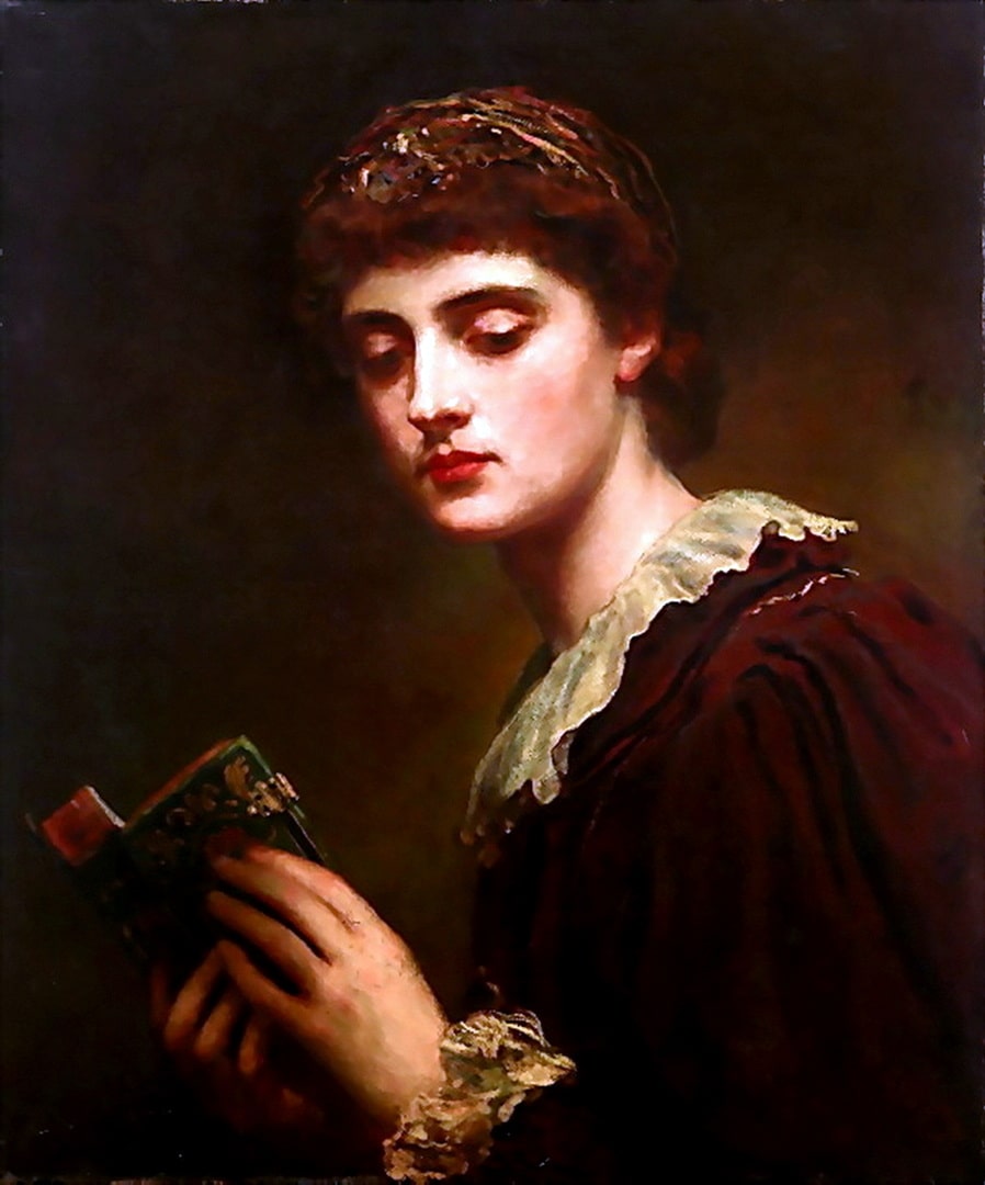 Lesbia is holding a book in her hands and is wearing a dark brown dress. This painting is in the Art Gallery of N.S,W. Australia.