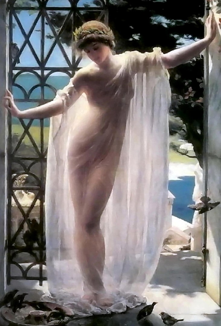 Lesbia is in the doorway of her house feeding the sparrows. She is in a very sheer dress.