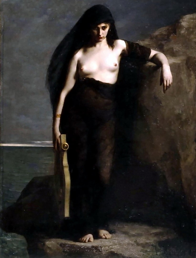 Sappho stands on the edge of a cliff with her harp in hand and bare breasted.