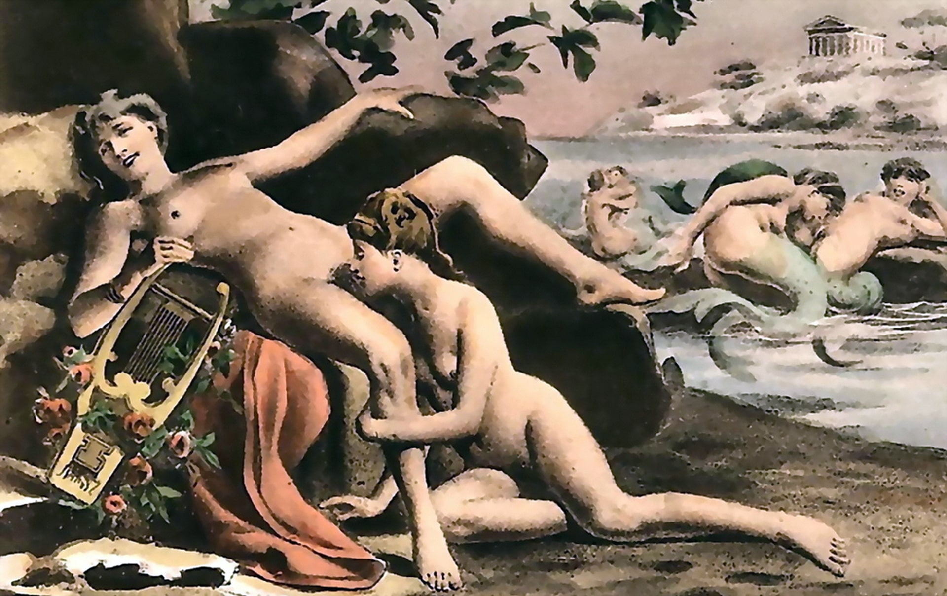 Sappho and another woman are having some sexual fun. The other woman is giving Sappho some pleasure on her pussy.