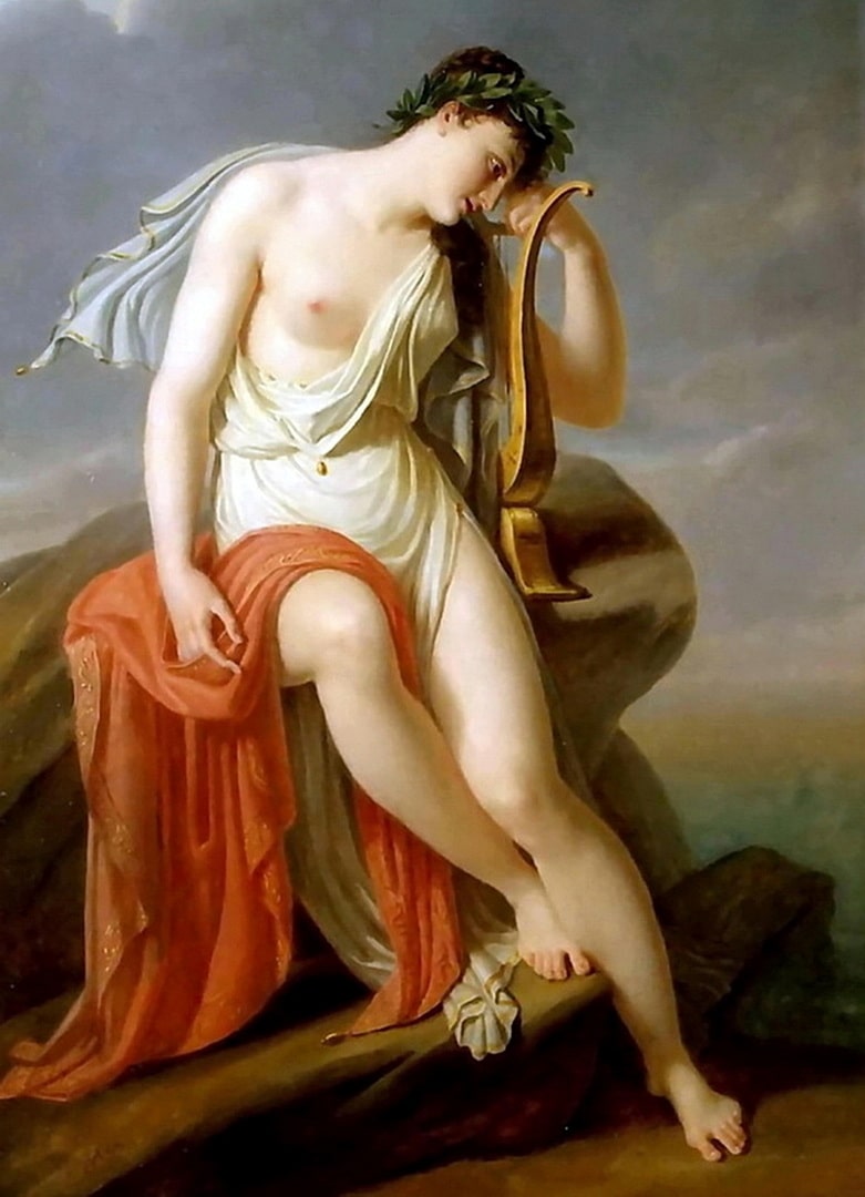 Sappho is sitting with her harp on the cliffs edge. Sappho is displaying her breast as she sits there pondering.