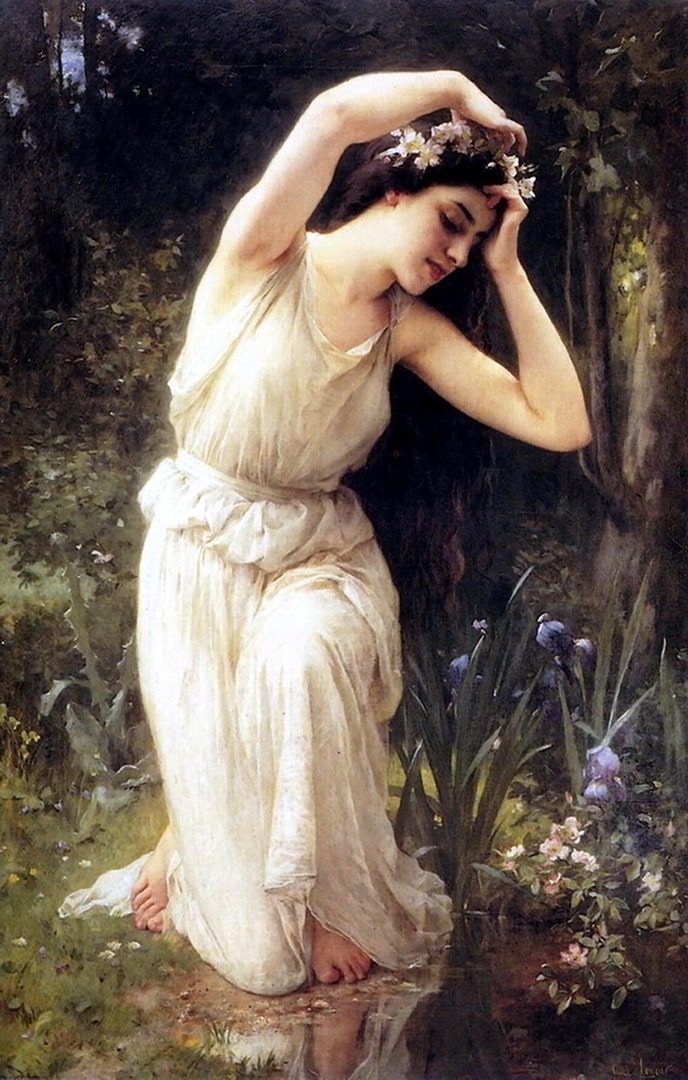 A pretty nymph adjusting the crown of flowers on her head.