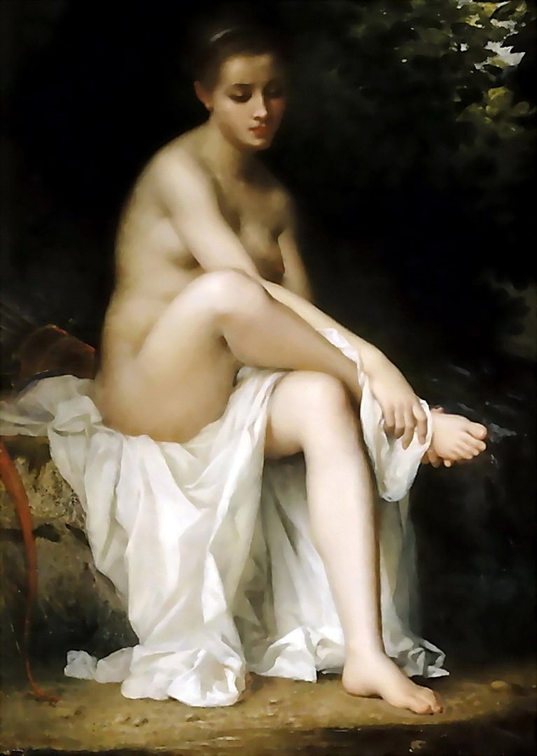 A naked nymph sitting beside the water drying her feet.