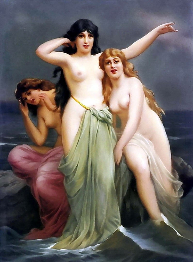 Three beautiful sirens with buxom breasts and pretty eyes. The sirens also have luscious lips.