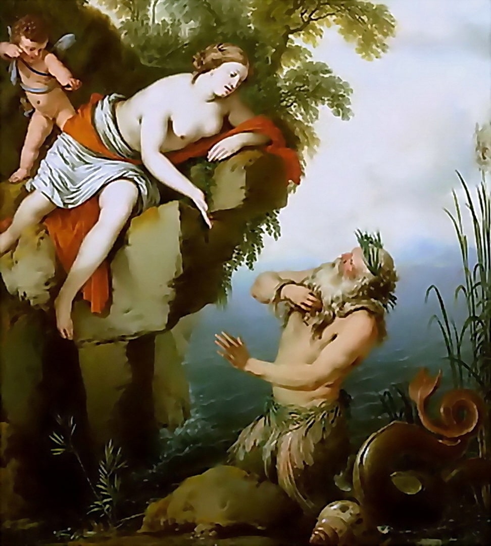 Triton the Sea God meets a naughty half naked nymph. I think he has been hit with Cupids love arrow. He's in trouble!