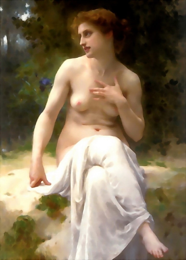 A loverly nymph sitting on a rock with beautiful bosoms and a sexual hunger to satisfy.