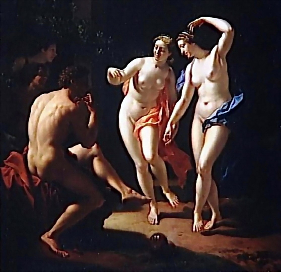 Two nymphs showing their naked bodies and naughty tits to the piper.