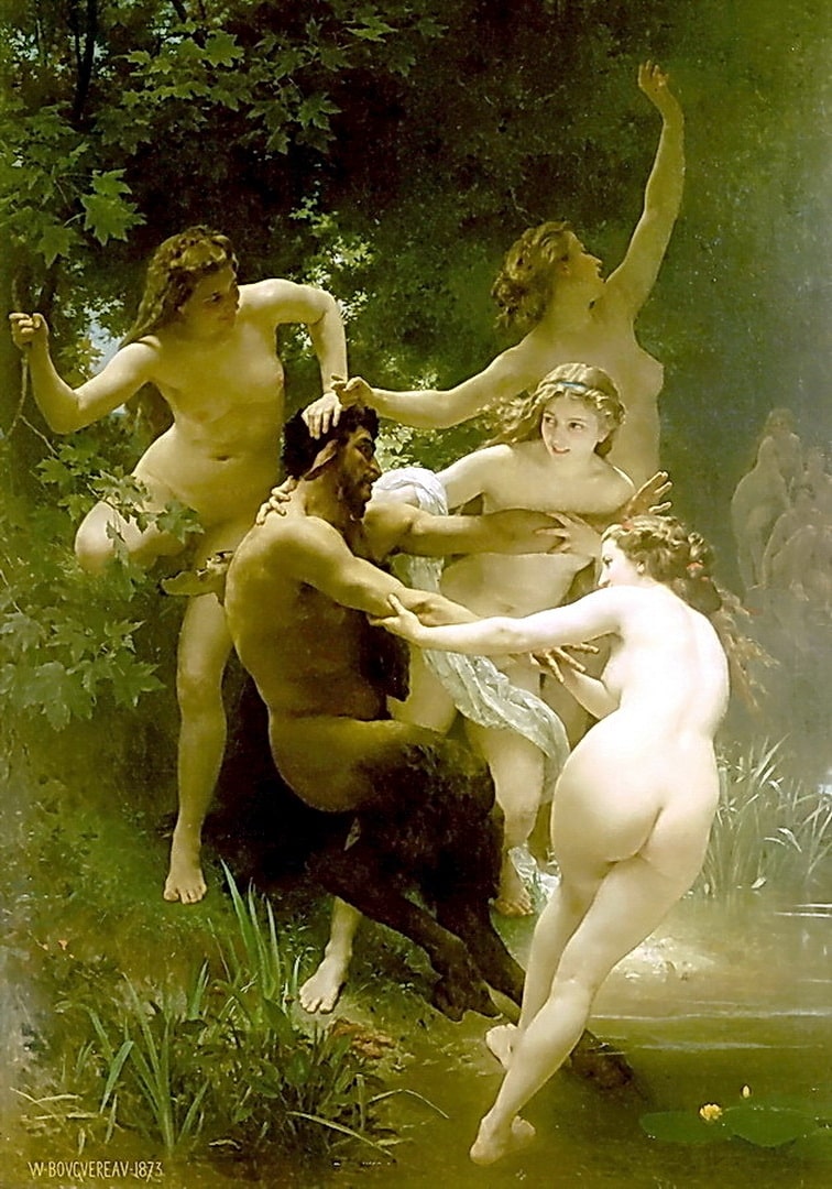 A satyre is being taken by the nymphs. Nymphs are very horny girls.