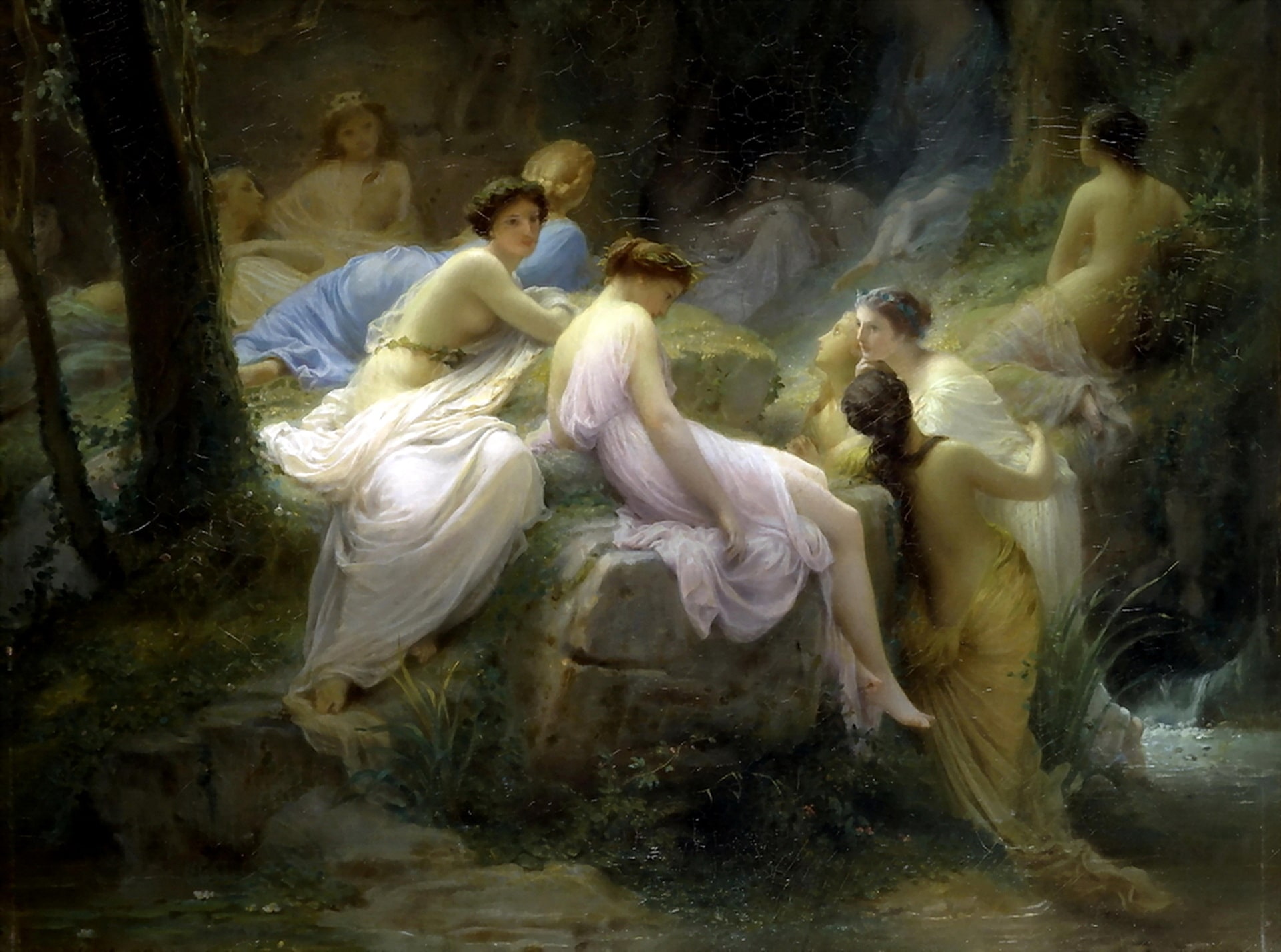 The nymphs are sitting around wearing seductive dresses while they are listening to Orpheus playing his music.