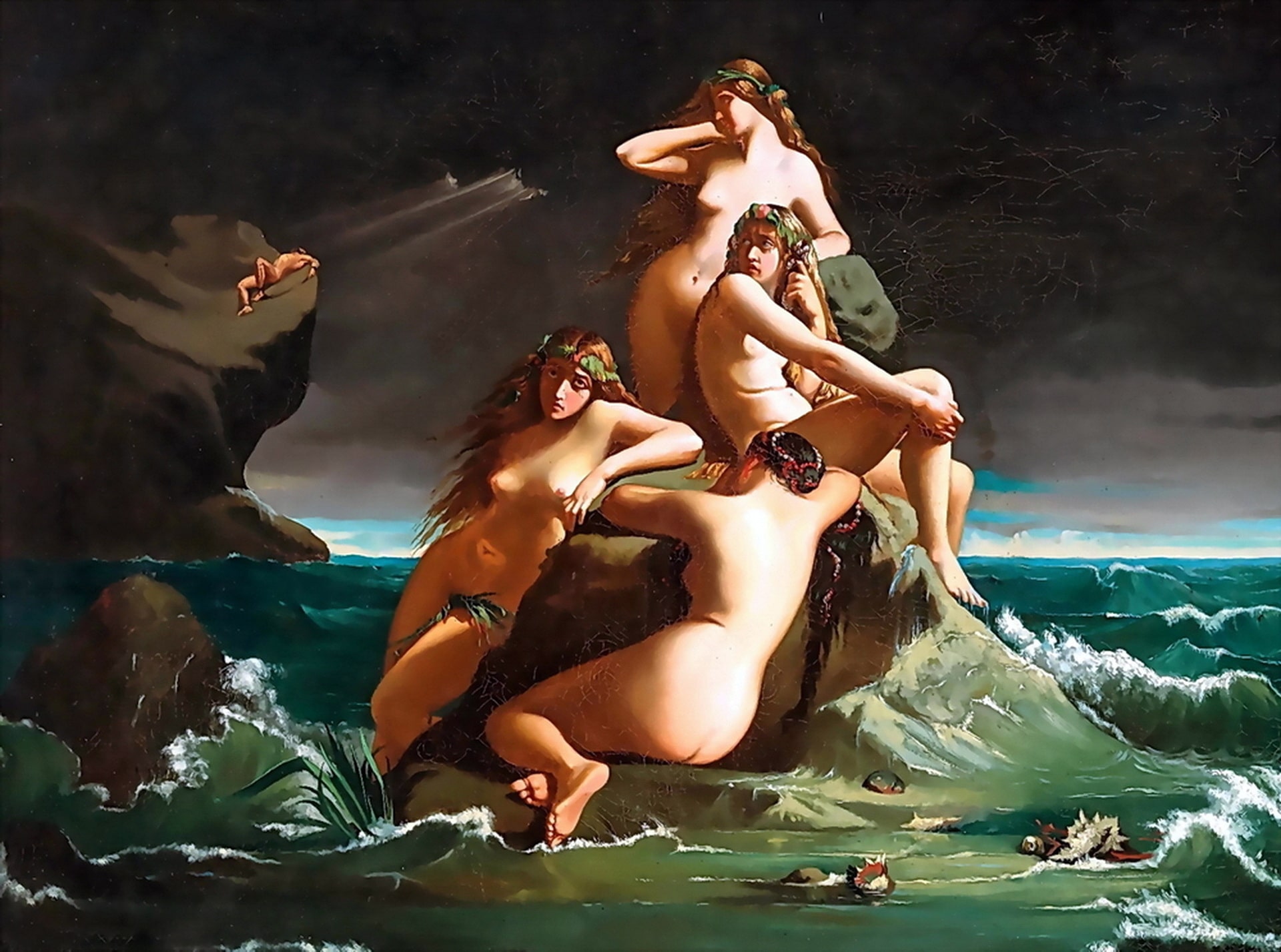 The sirens are crying over Zeus's punishment of Prometheus for stealing fire from Zeus and giving it to humans. Prometheus is chained to a rock.