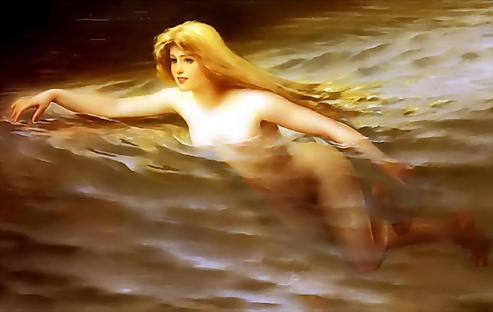 A nymph is swimming across a lake looking for another lover. She has pretty eyes and lovely luring lips as well as long golden hair flowing out behind her.