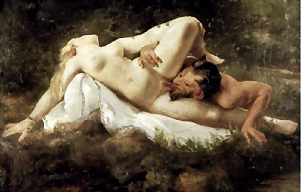 A satyr giving a nymph sexual pleasure by tonging her clitorus.